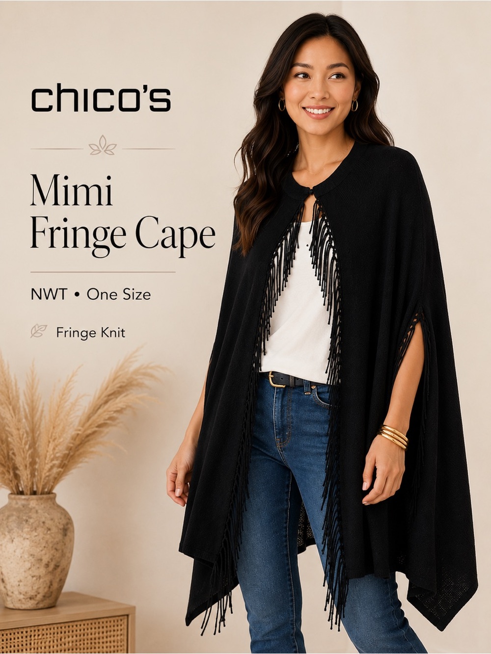 Chico's Black‎ Knit Fringe Cape